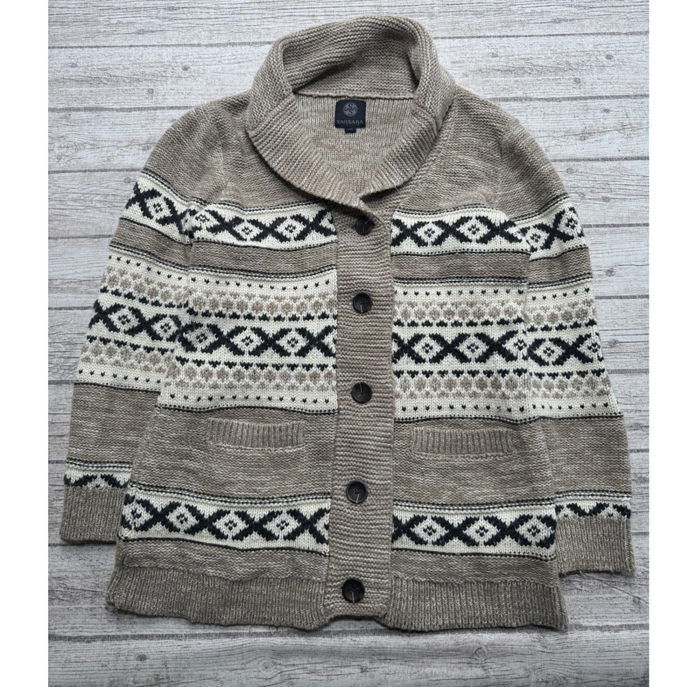 Sansara Sweater Women's Large Brown Fair Isle Shawl Collar Button Front Cardigan